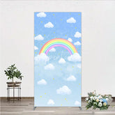 Aperturee - Aperturee Watercolor Rainbow in the Sky Rectangle Backdrop Pastel Clouds and Stars Baby Shower or Birthday Photo Booth Decor